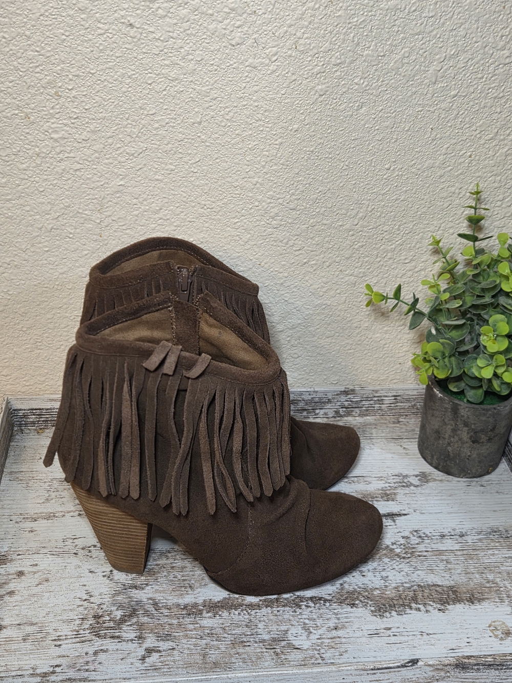 Fringe Suede Ankle Boots - Brown Size 9